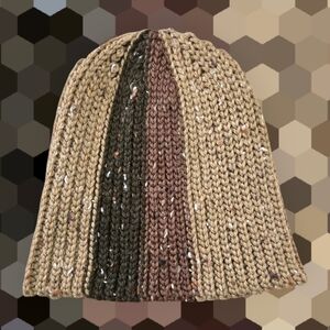 Tan/Brown Tweed Crochet, Knit-look 90s Beanie, Handmade By Me, Hand Embroidery